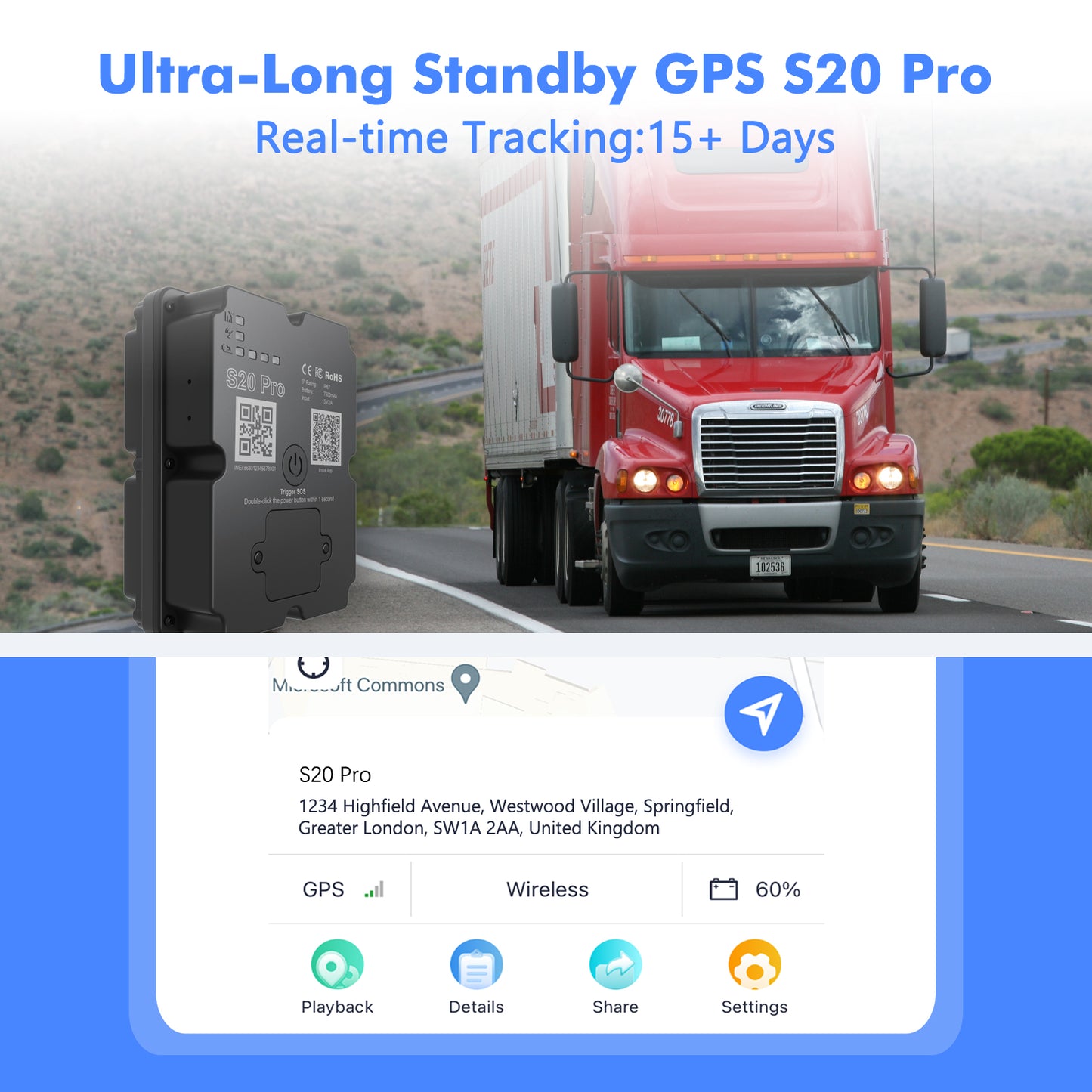 S20 Pro GPS Tracker 4G LTE Real-Time Tracking, 7500mAh Battery, IPx5 Waterproof for Car/Asset Tracking  GPS Tracker S20 Pro - 7500mAh Long-Lasting Battery, 4G LTE Real-Time Tracking, IPx5 Waterproof for Vehicles/Kids/Outdoor Use