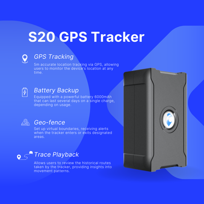 S20 GPS Tracker with Real-Time Tracking, 6000mAh Battery, 4G LTE & IPx5 Waterproof for Vehicles/Assets GPS Tracker S20 - 4G LTE Real-Time Location Tracker, 6000mAh Rechargeable, IPx5 Waterproof, Global Coverage for Cars/Kids/Elderly